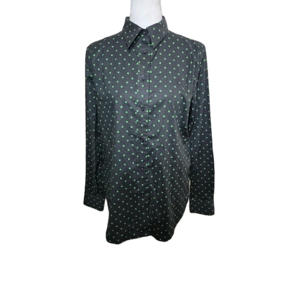 Lauren Ralph Lauren‎ Stretch Non-Iron Green Polka Dot Button Down Shirt Sz M